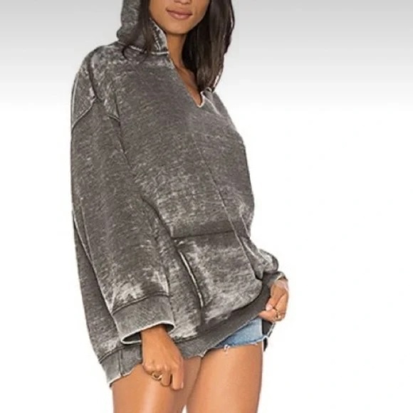 Free People Tops - Free People Get It Oversized Gray Burnout Hoodie Kangaroo Pouch Size Medium